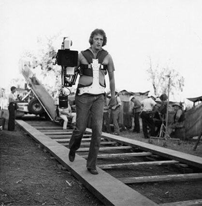 Garrett Brown with a Steadicam prototype on its first feature film, Bound for Glory in 1975